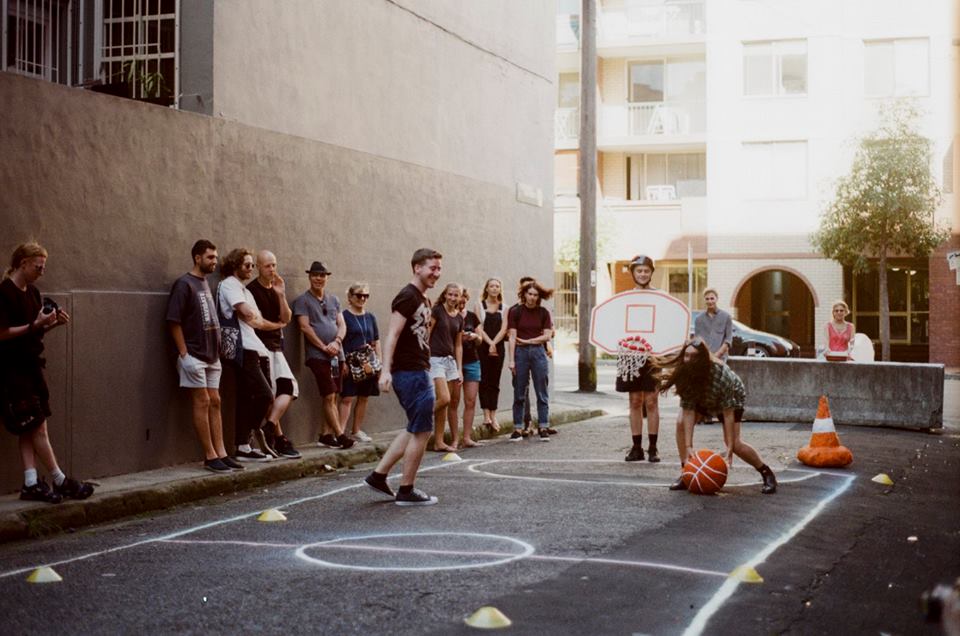  Alley Jam, 2017  Collaborative performance with Luke O'Donnell, Julien Bowman, Allison Chiew, Celeste Stein, Georgia Goldsworth, Emerald Dunfrost and audience.  Photo: Valentina Penkova        Desire Lines Walking Tour 3.0, Ultimo. Curated by Maeve 