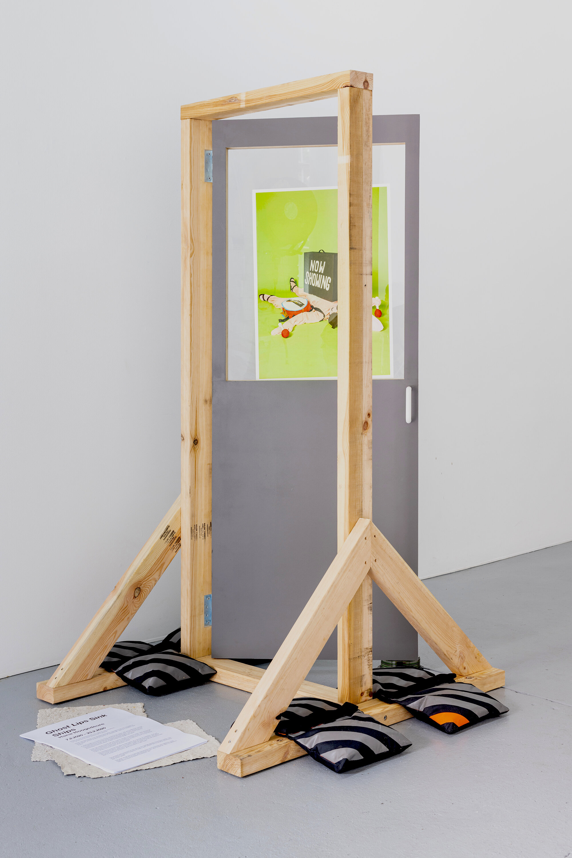  Structural Load, 2020   mdf, pine, perspex, sandbags, CDs    Theatre Black, 2019 (front)  inkjet print, photo by Max Goodman    Untitled (finished drawing #1), 2019 (back)  texta and pencil on paper    Photo: Kai Wasikowski 