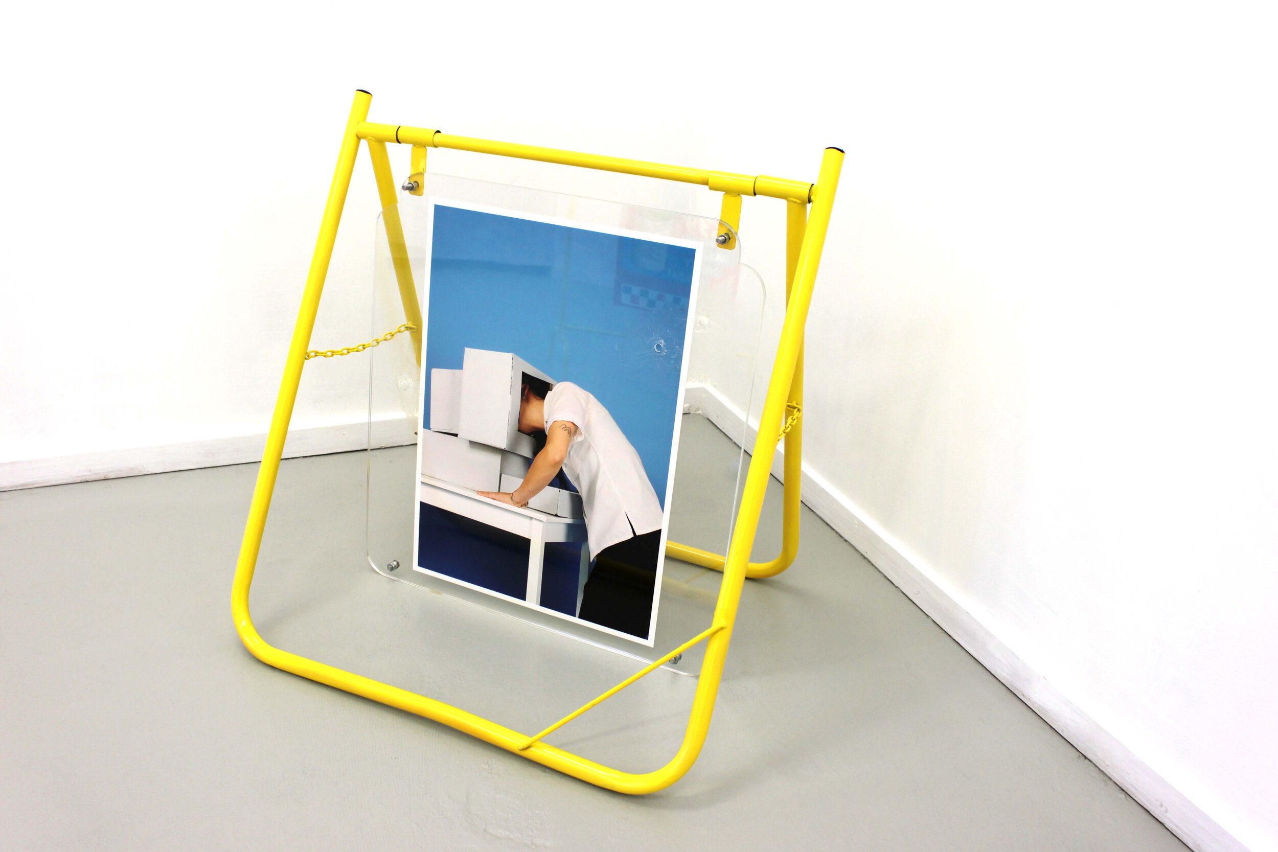  Swingset, 2019  found object, perspex, silicon, acrylic    Who’s Who, 2019 (front)  inkjet print  Photo: Max Goodman    Photo courtesy of the artist  
