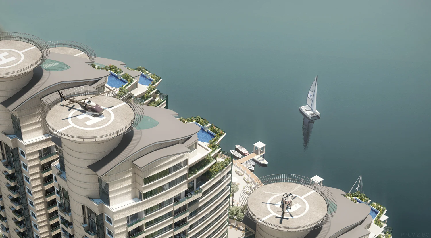 Baghdad residential complex helicopter render