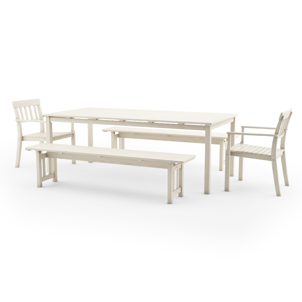 IKEA ANGSO SET OF TWO ARMCHAIRS, TWO BENCHES AND TABLE, WHITE