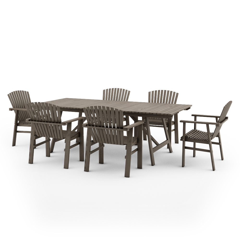 IKEA SUNDERO SET OF TABLE AND SIX CHAIRS WITH ARMRESTS,PINE,GREY