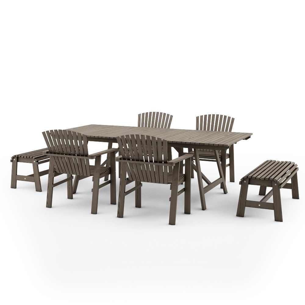 IKEA SUNDERO SET OF TABLE AND FOUR CHAIRS WITH ARMRESTS AND TWO BENCHES,PINE,GREY