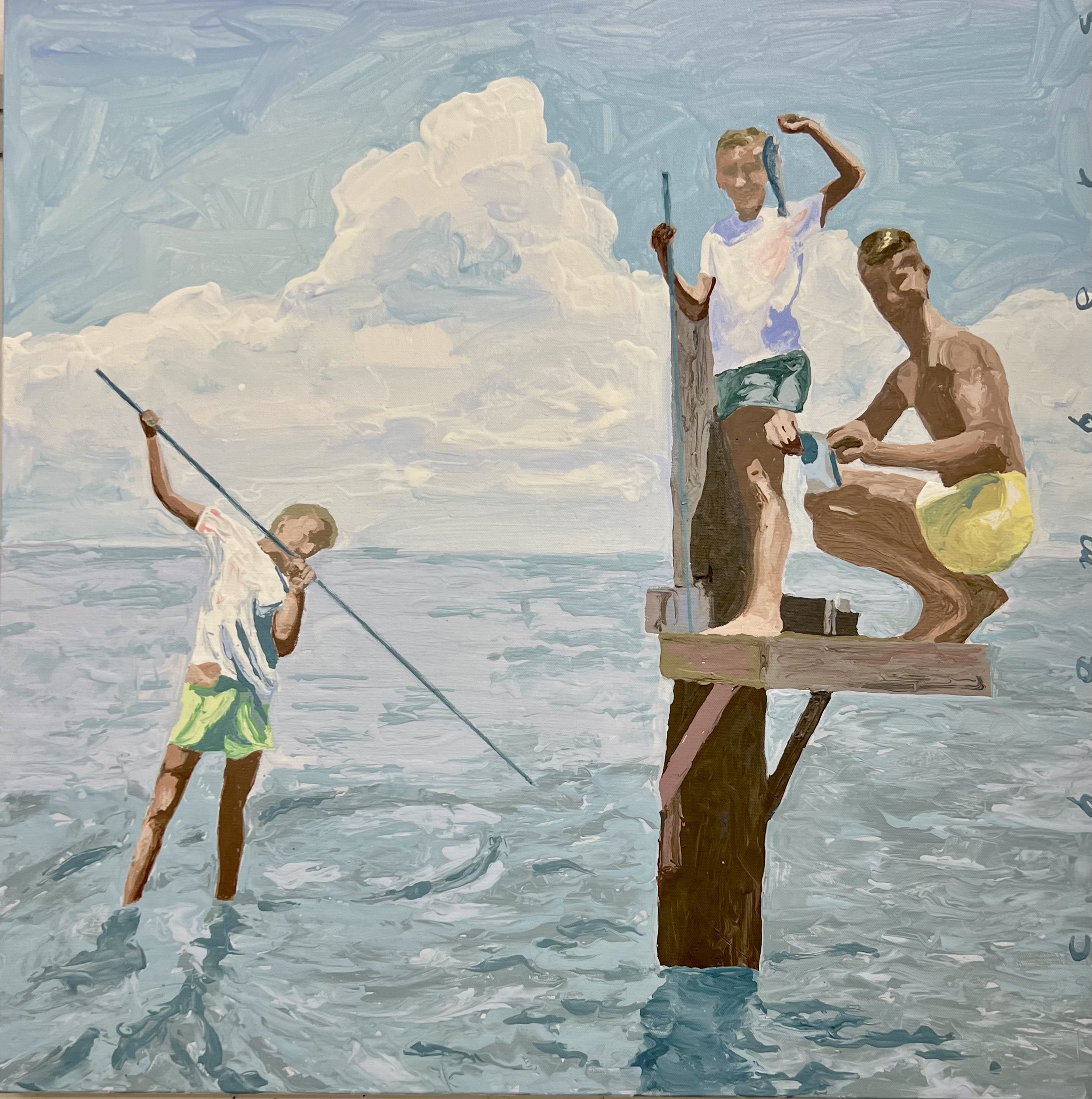 Boys fishing 30 x 30 x 2" acrylic on canvas