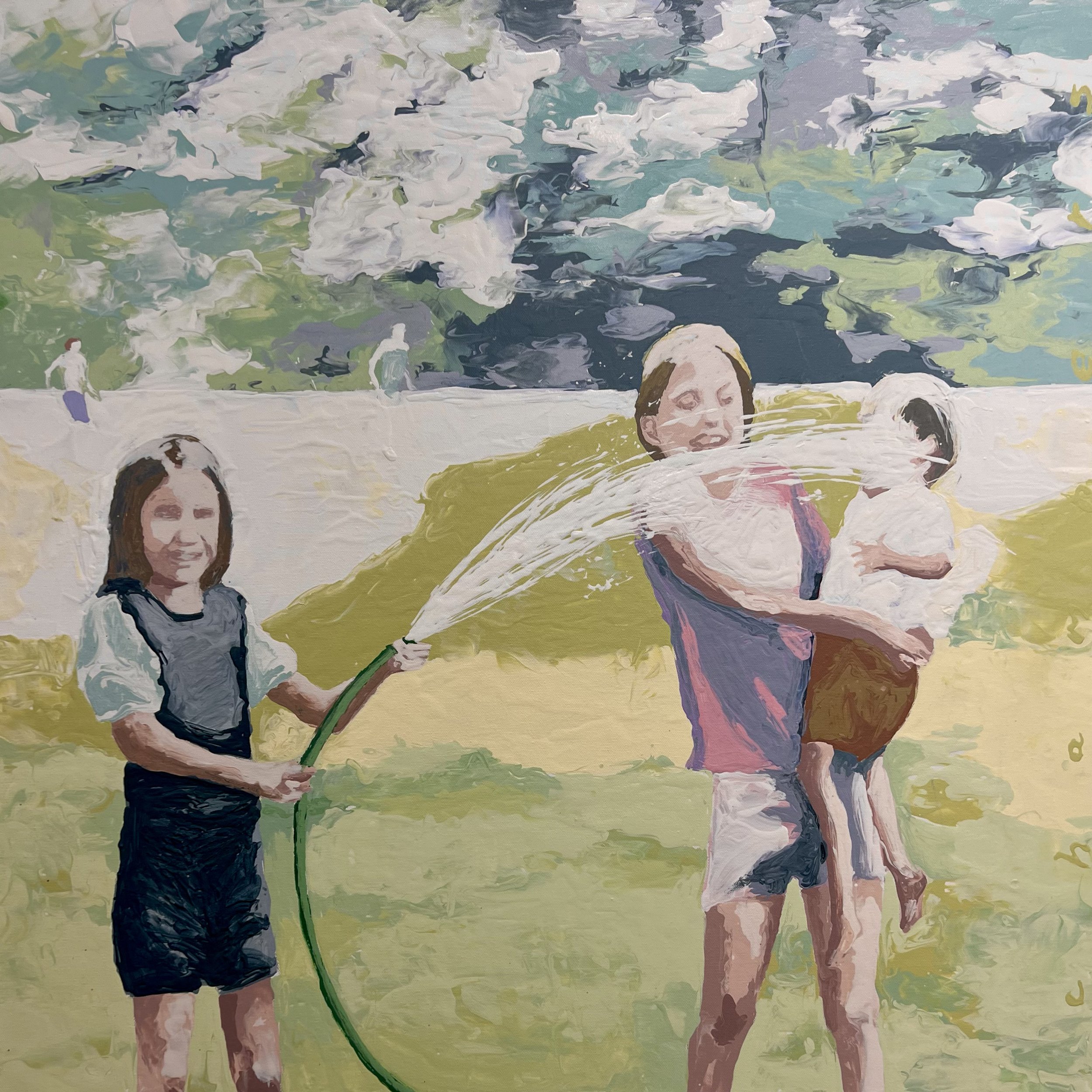 Kids with a hose 30 x 30 x 2" acrylic on canvas