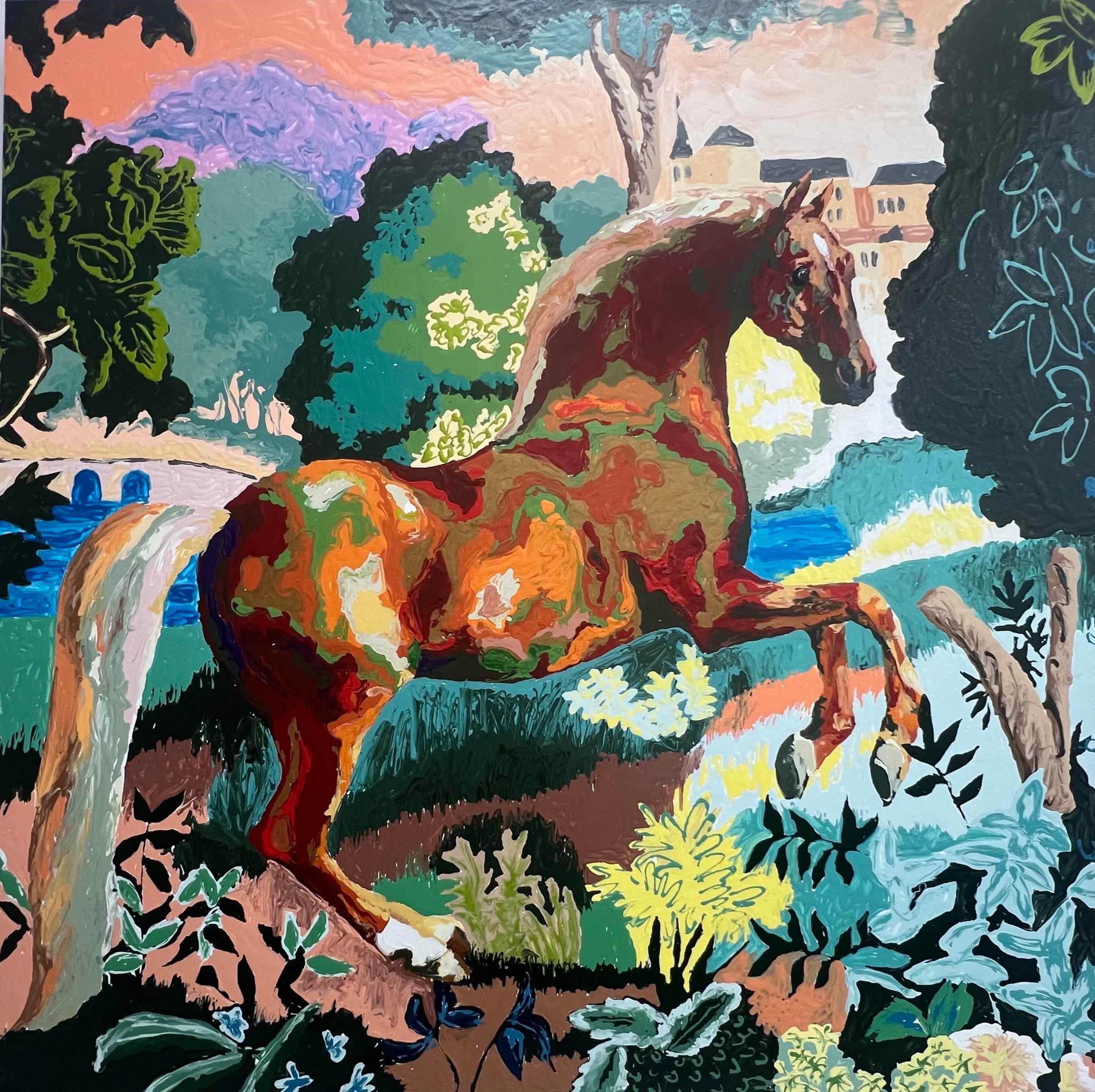 After Geoge Stubbs, Acrylic on canvas 48 x 48 x 2”