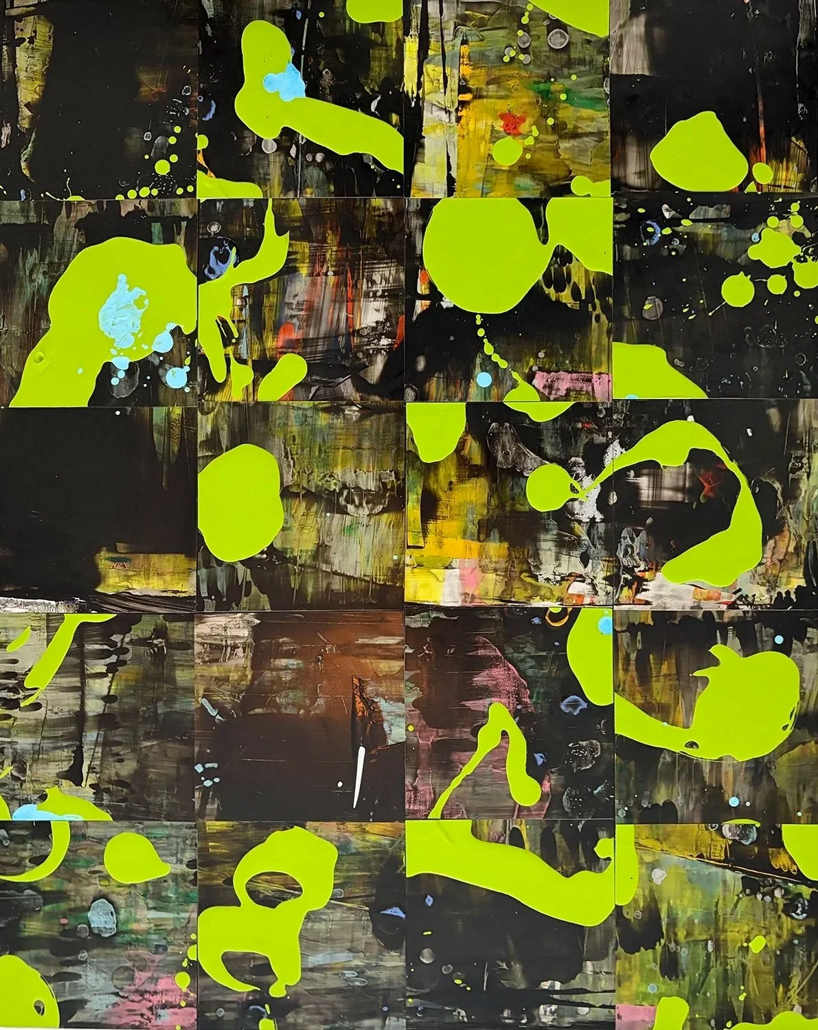 Abstract painting with black, yellow, pink, blue, and green splashes and strokes.