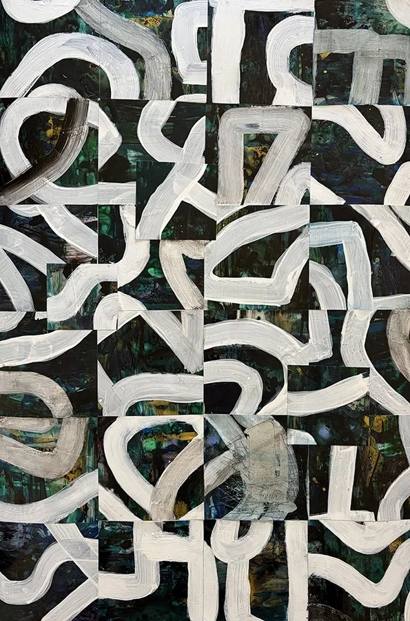 Contemporary abstract painting white brushstrokes mixed media panel collage.