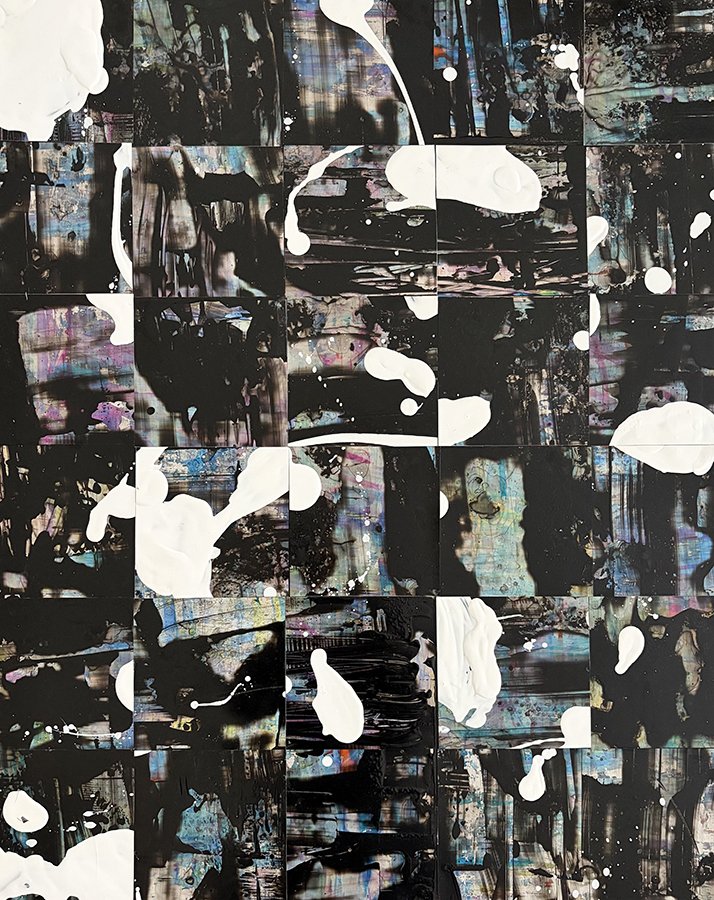 Abstract mixed media artwork with splashes of black, white, and iridescent colors, arranged in a grid pattern.