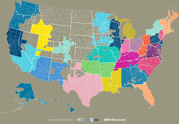 Map of phone call data from AT&T by IBM Research