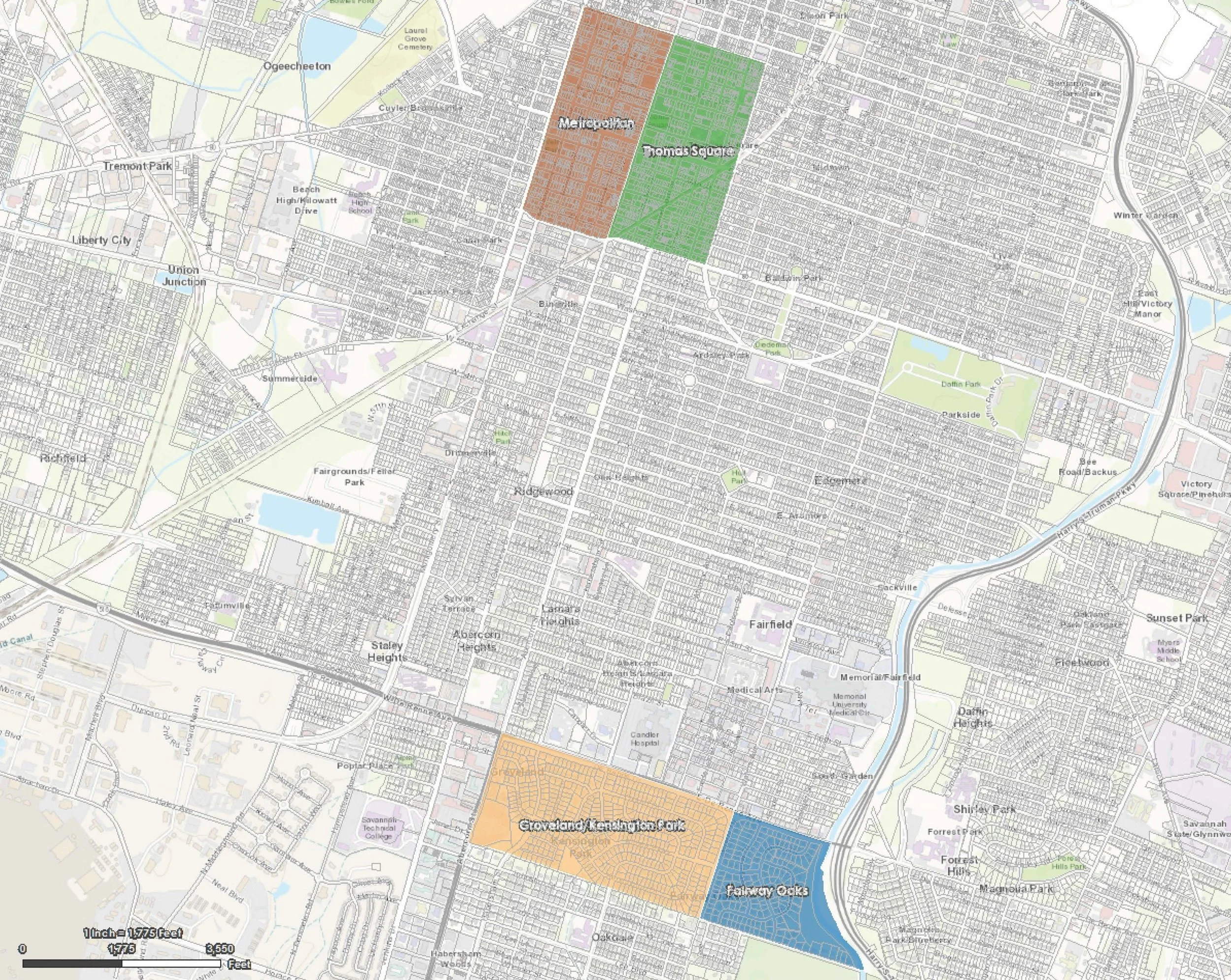 Location of the two neighborhoods in Savannah