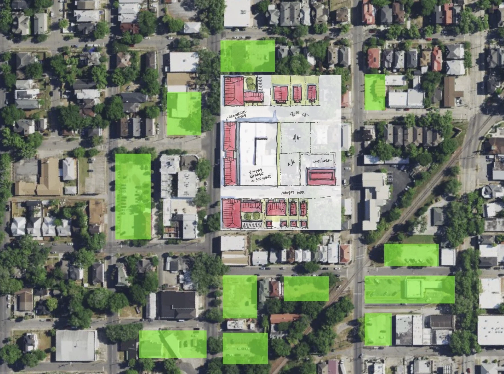 A new, shared garage enables the immediate vacant properties to develop as well as several highlighted parcels that have the option of leasing space and incrementally upgrading.