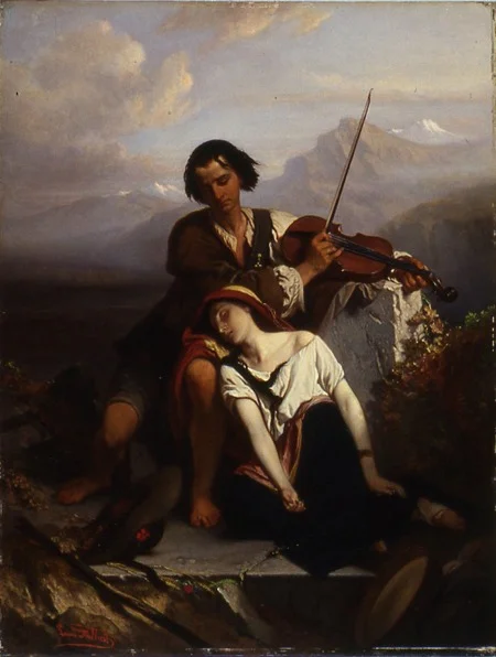 Power of Music by Louis Gallait . A brother and sister resting before an old tomb . The brother is attempting to comfort his sibling by playing the vio lin, and she has fallen into a deep sleep, "oblivious of all grief, mental and physical."