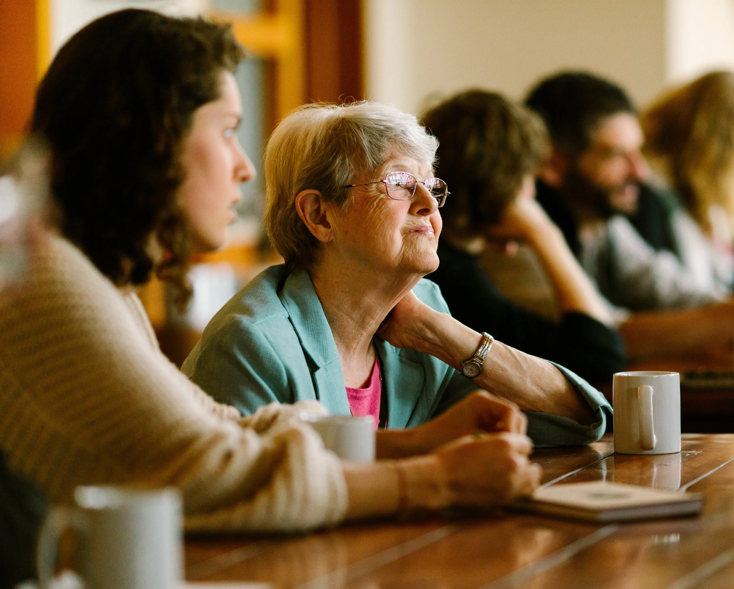 Sr. Barbara Hansen, OP, during breakfast at a national Nuns & Nones gathering at the Fetzer Institute. Photo by Rhino Media.