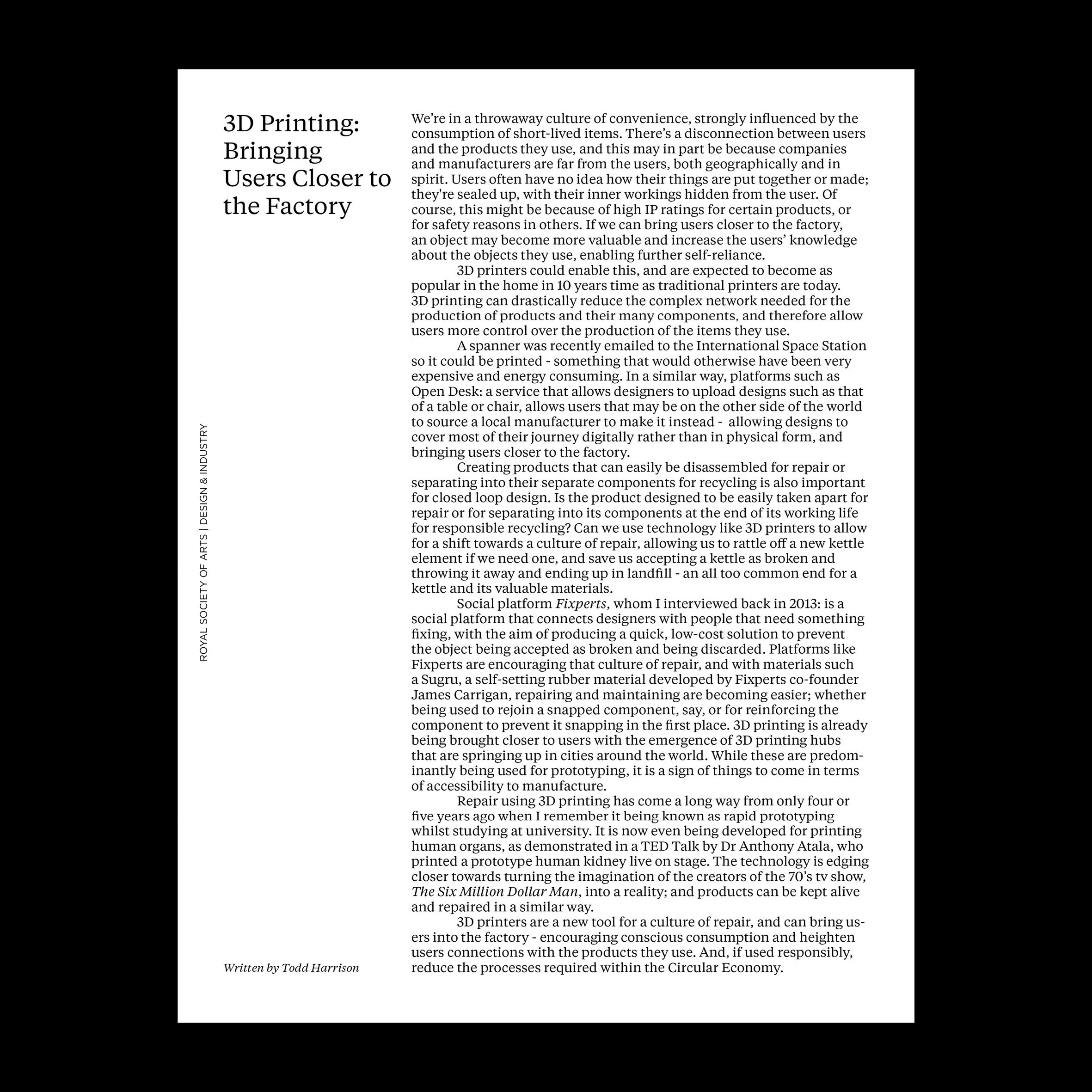  Article and typesetting for the Royal Society of Arts  