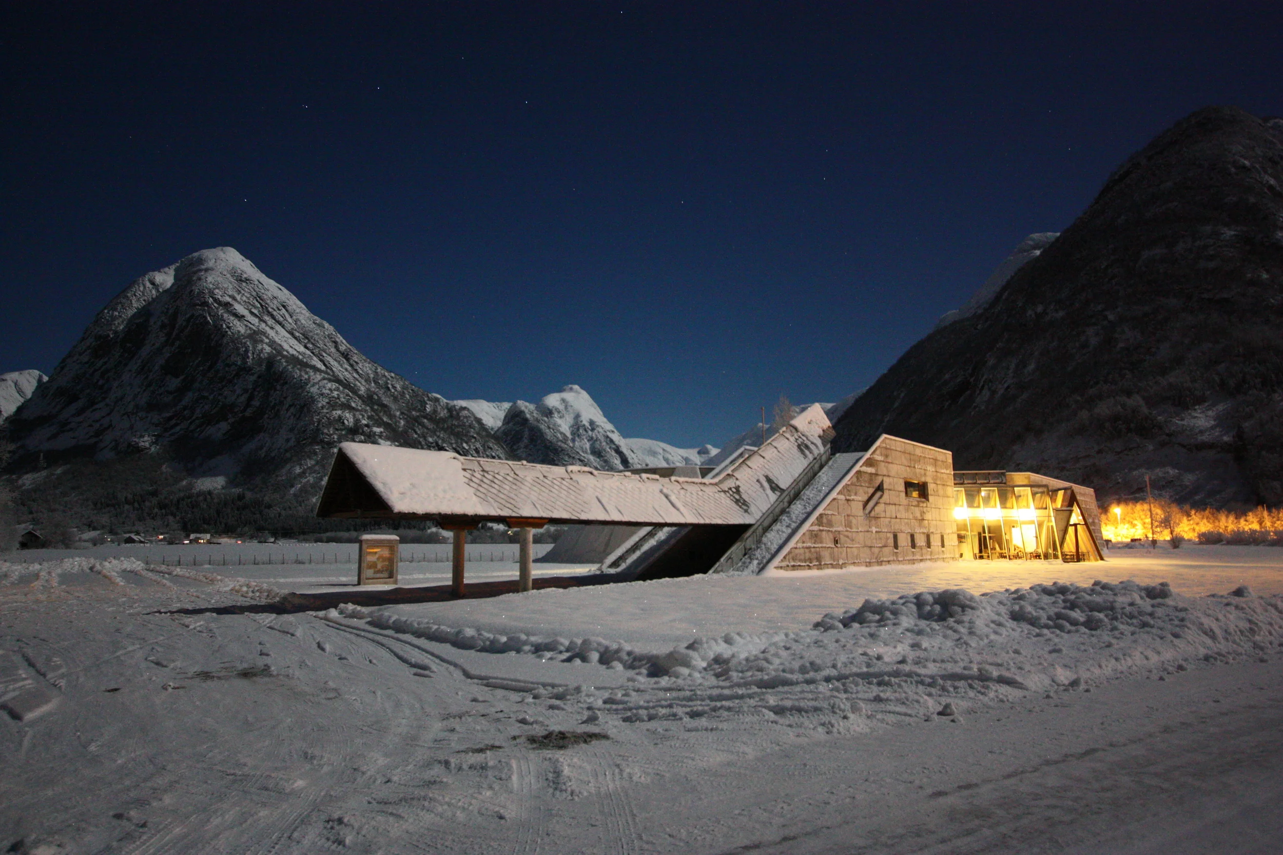 Norwegian Glacier Museum in winter moonlight