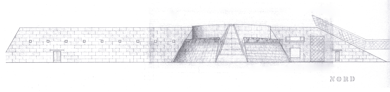 Sketch of the north facing side of the Norwegian Glacier Museum with the spectacular Climate Centre with its' sloping walls.