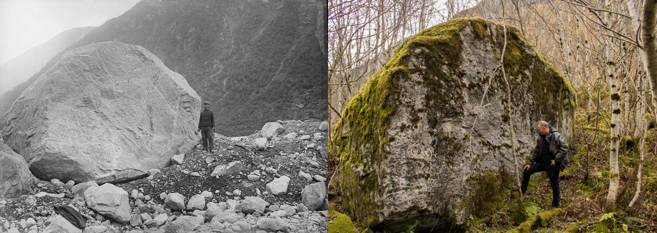 Big boulder in 1899 (photo: John Bernhard Rekstad) and 2016 (photo: Pål Gran Kielland).