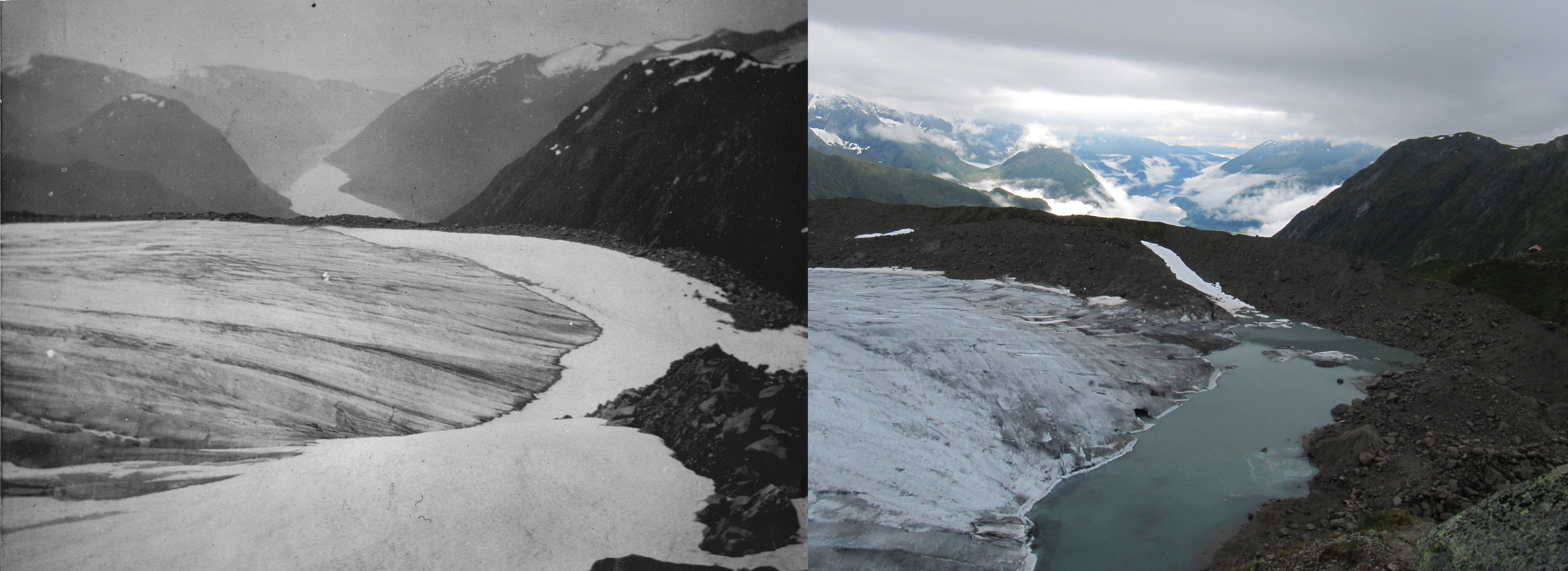 Store Supphellebreen (Flatbreen) in 1906 (photo: Monchton) and 2012 (photo: Pål Gran Kielland)