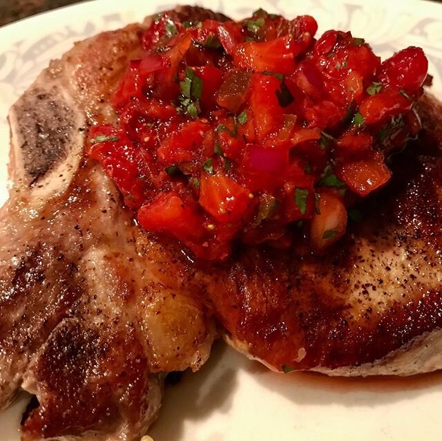 This is what we do with our Strawberry Salsa! Pan seared pork chop with salsa. Yummy  #strawberry #jalapeno #salsa