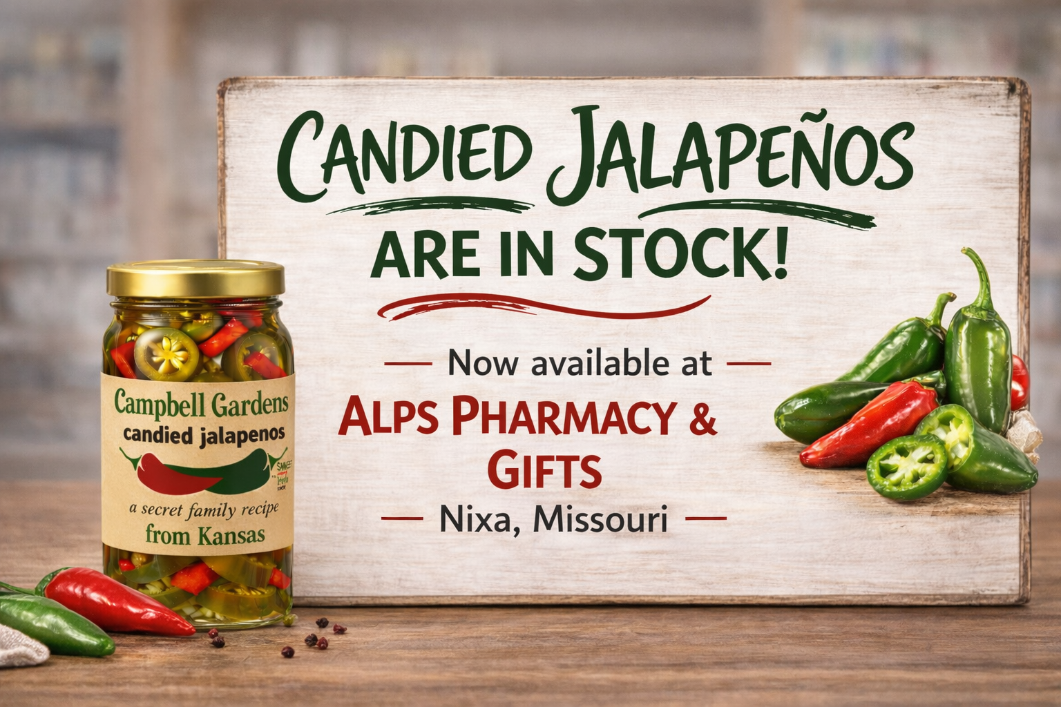 Campbell Gardens candied jalapeños available at Alps Pharmacy and Gifts in Nixa Missouri