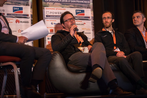 A panel discussion on solar risk management at SAMNA featured (left to right) Jon Previtali of Wells Fargo, Jason Kaminsky of kWh Analytics, and Jonathan Roumel of Spruce Financial. (Photo courtesy of Solarplaza)