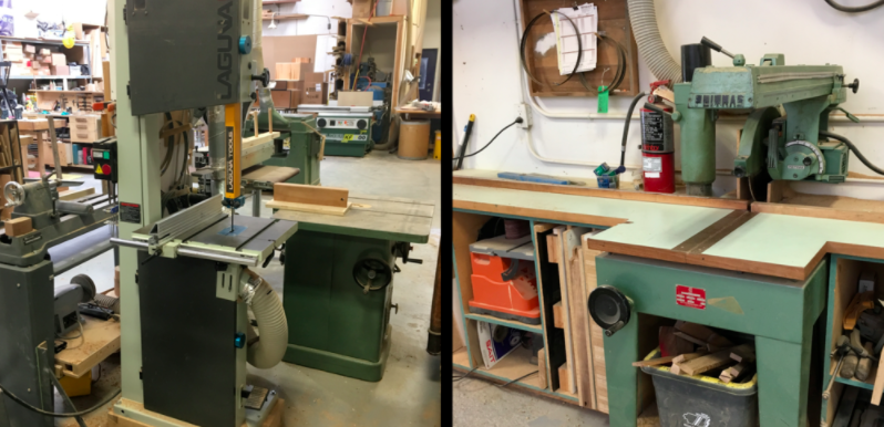 First the band saw and radial arm saw are used to do a rough rip (cut along the grain) and cross cut (across the grain) of the board.