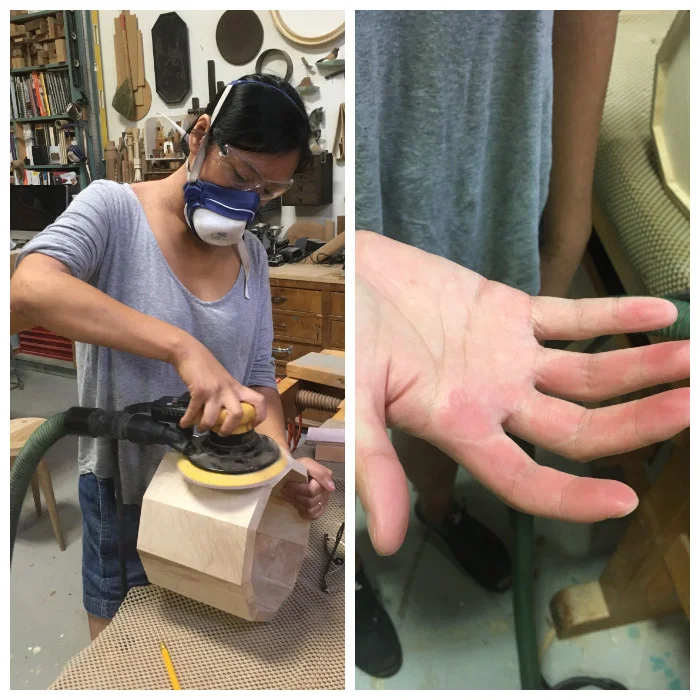 This is me using an orbital sander. Everything looks fine right? WRONG! This is my hand after using the orbital sander
