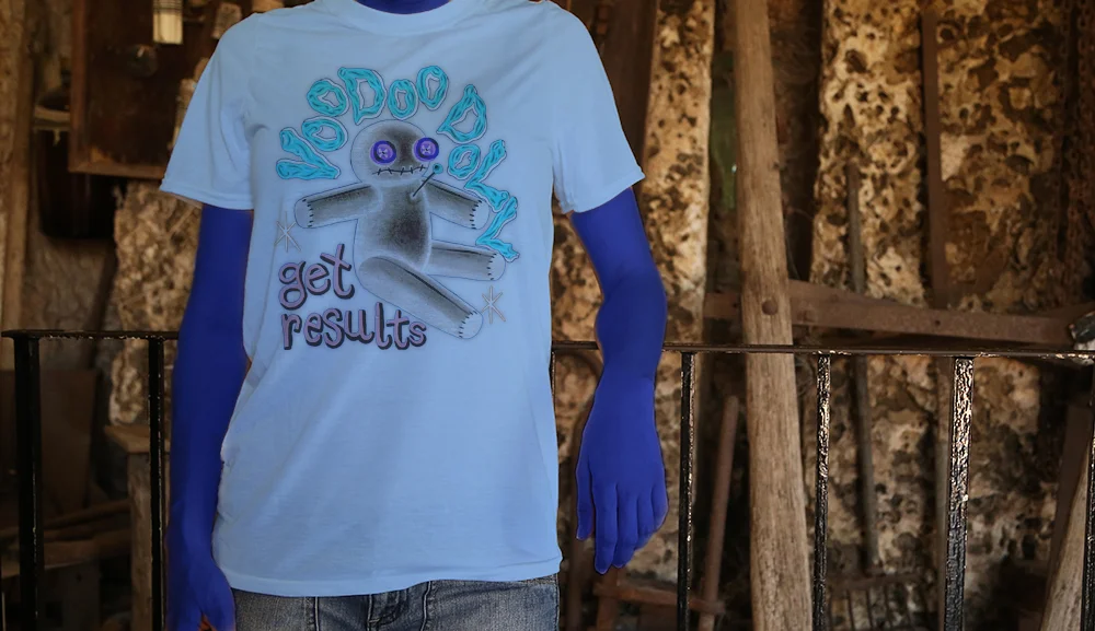 Haughtee Blue Suave Voodoo Dolly 'Get Results' New Orleans Cajun Spell Fine Art Print Tee