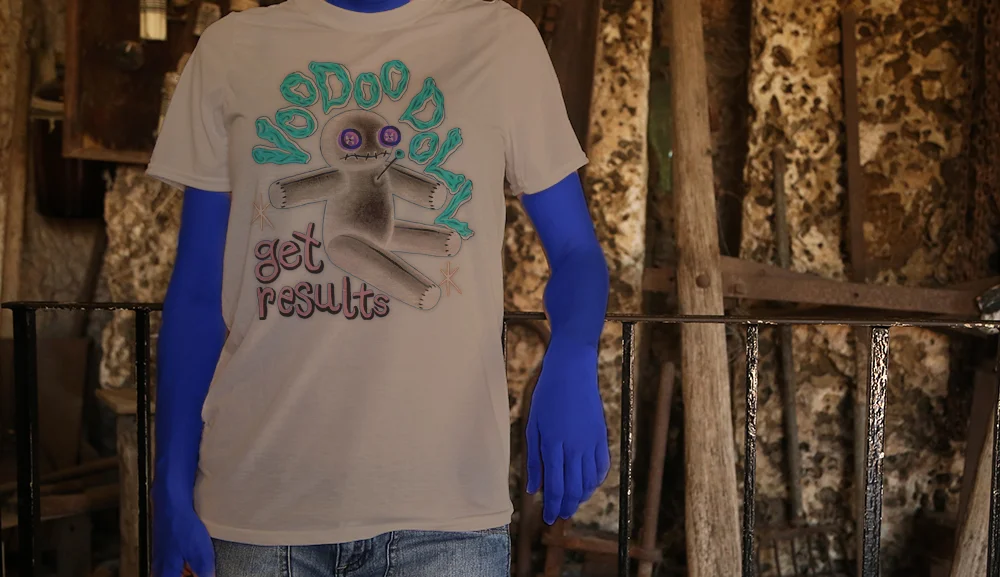 Haughtee Blue Suave Voodoo Dolly 'Get Results' New Orleans Cajun Spell Fine Art Print Tee