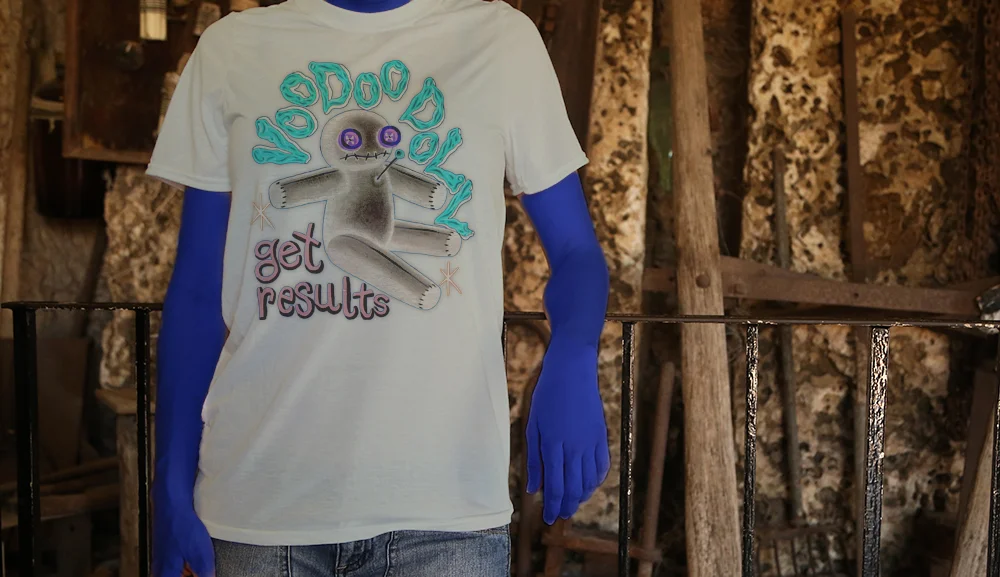 Haughtee Blue Suave Voodoo Dolly 'Get Results' New Orleans Cajun Spell Fine Art Print Tee