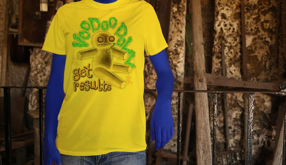 Haughtee Blue Suave Voodoo Dolly 'Get Results' New Orleans Cajun Spell Fine Art Print Tee