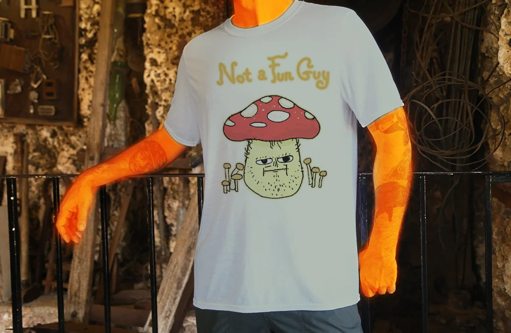Haughtee Suave 'Not a Fun Guy' Grumpy Mushroom Pun Cartoon Fine Art Print Tee