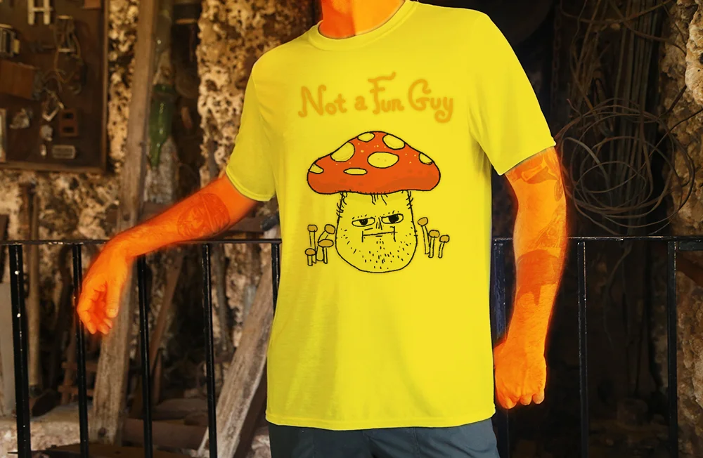 Haughtee Suave 'Not a Fun Guy' Grumpy Mushroom Pun Cartoon Fine Art Print Tee