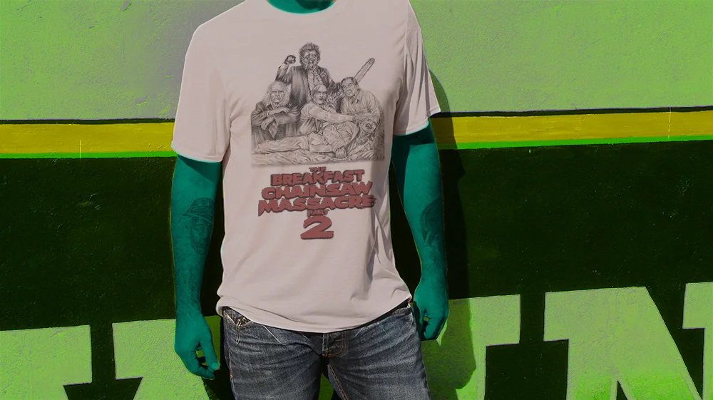 Haughtee Suave 'Breakfast Massacre' Texas Chainsaw Breakfast Club Horror Comedy Fine Art Print Tee