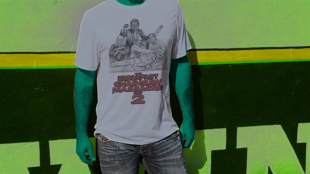 Haughtee Suave 'Breakfast Massacre' Texas Chainsaw Breakfast Club Horror Comedy Fine Art Print Tee