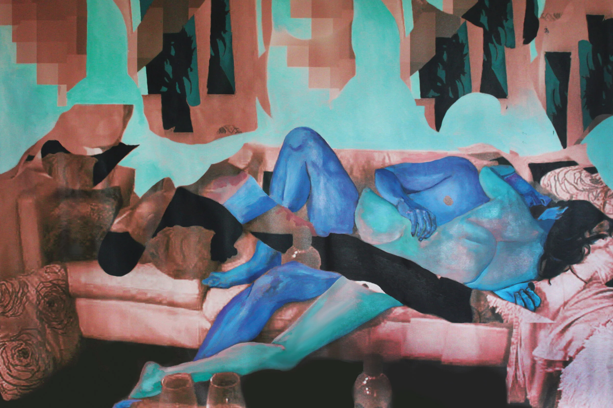 a man and a women, 2020 acrylic on canvas over print, 52"x60"