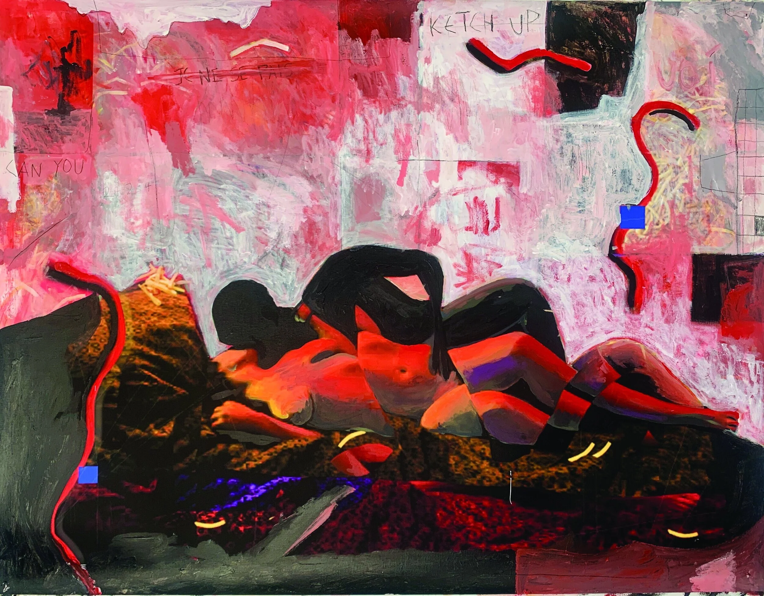 Red room, 2020 acrylic on canvas over print, 52"x60"