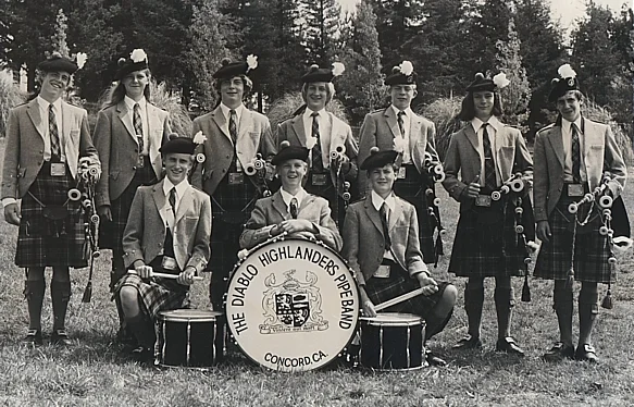 Photo courtesy of Jeff Campbell 1972 Santa Rosa Highland Games. Left to right Andrew Christie, Shauna McFadden, Joe Christie, Kevin McNeil, Stuart Watson, Jeff Campbell, Ed Aiken. Bottom row: Bill McNeil, Bill Meade, Dave Meade