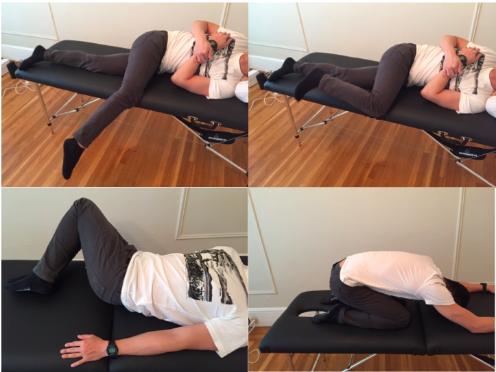Day 4 exercises. Single leg lumbar rotation with active knee flexion/extension slider, double leg lumbar rotation in supine and child's pose. 