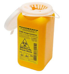 Sharps container for disposing of needles. Image courtesy of Google Images