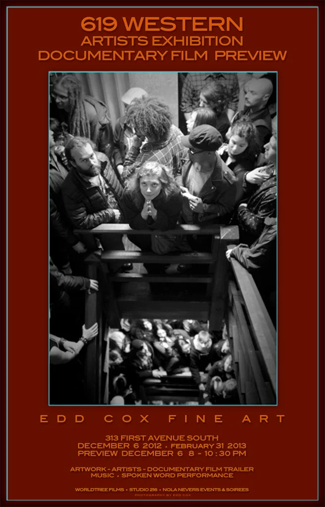 THE DECEMBER 2012 ARTWALK POSTER FOR MY NEW LOCATION AT 313 FIRST AVENUE SOUTH VISITORS WIND THEIR WAY UP STAIRS TO VISIT 5 FLOORS OF STUDIOS AT THE 619 WESTERN AVE ARTS BUILDING THE 619 WESTERN ARTS BUILDING WAS AN ICON FROM 1981 - 2011 BRINGING HUGE CROWDS TO PIONEER SQUARE