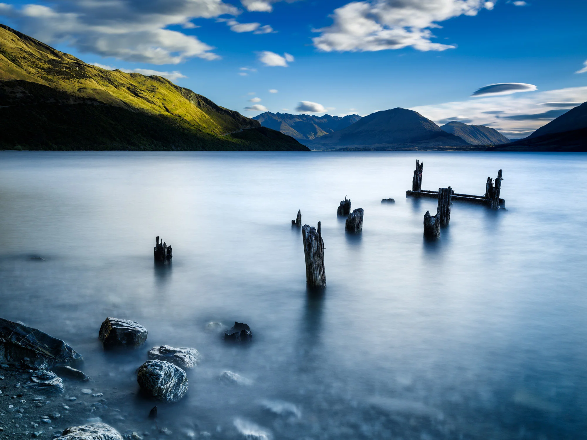 Derelict jetty remains in Lake Wakatipu New Zealand.