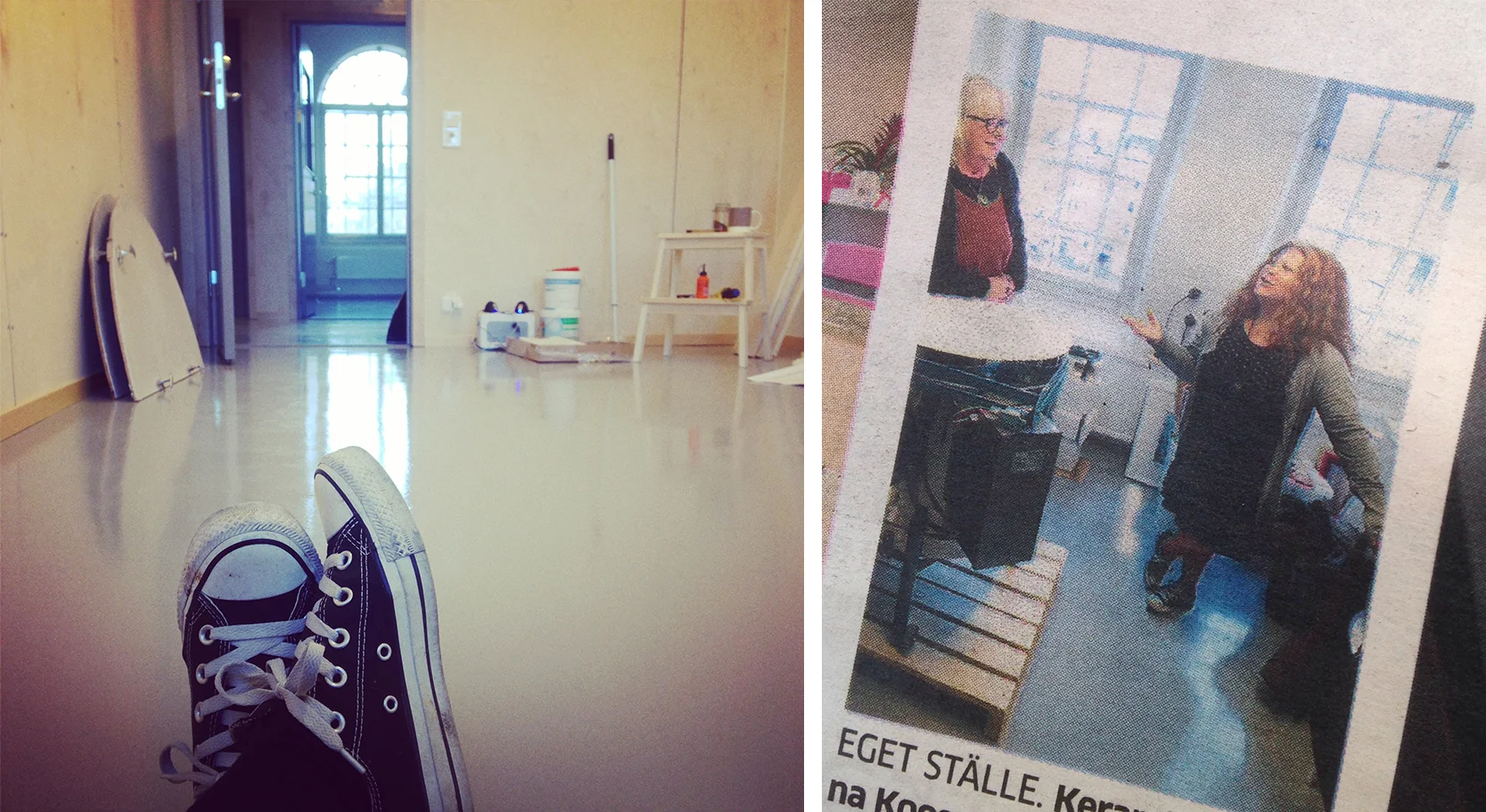 Vänster: En gång var golvet helt rent och skinande. Det var 5 år sen. Höger: Tidningsnotis från invigningen.