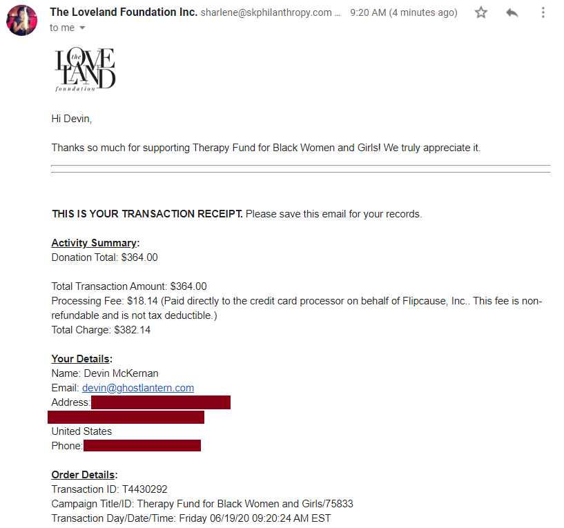 The Loveland Foundation Receipt