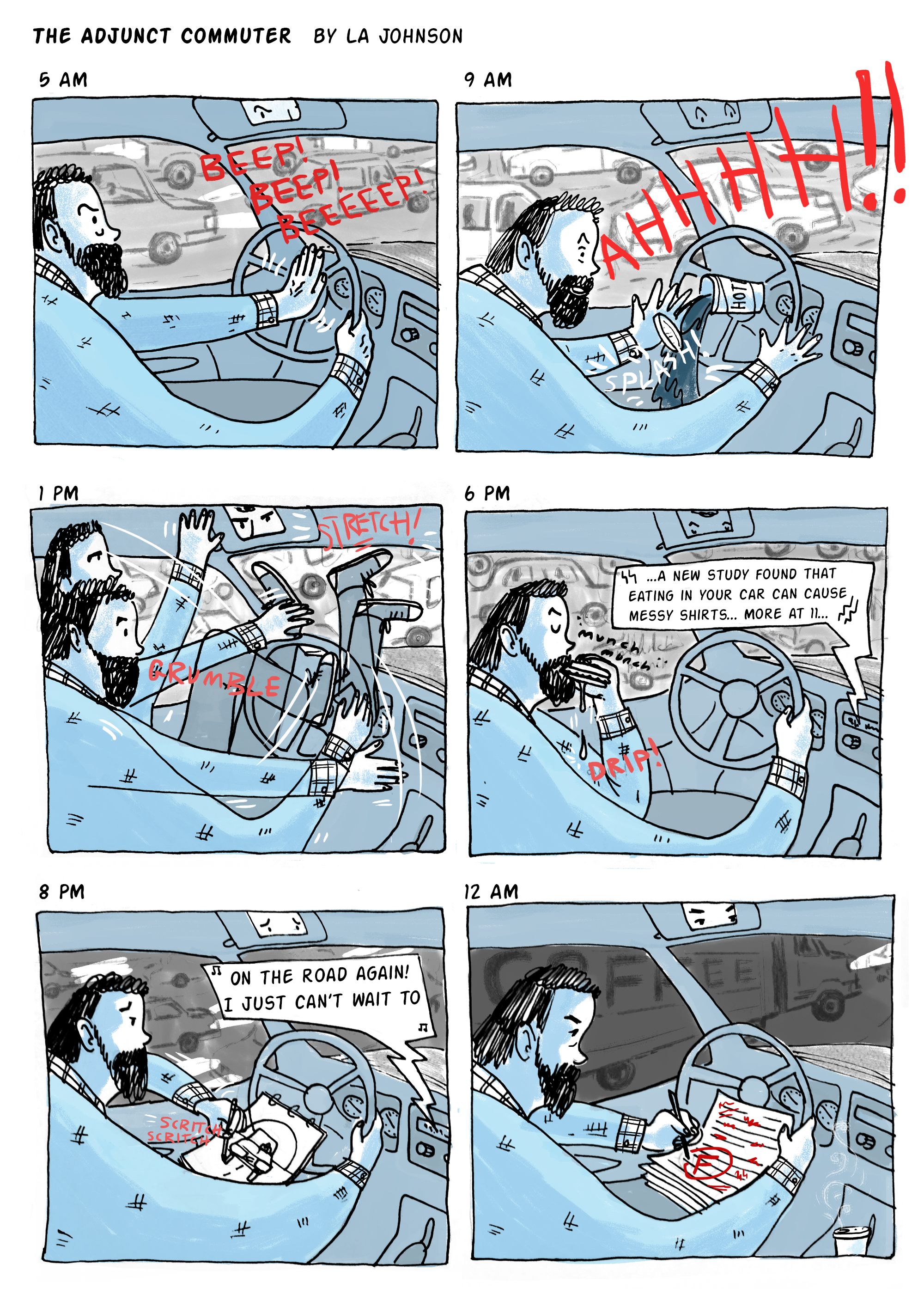 Comic for a story on NPR.org about adjunct professors who travel from school to school to make ends meet . 