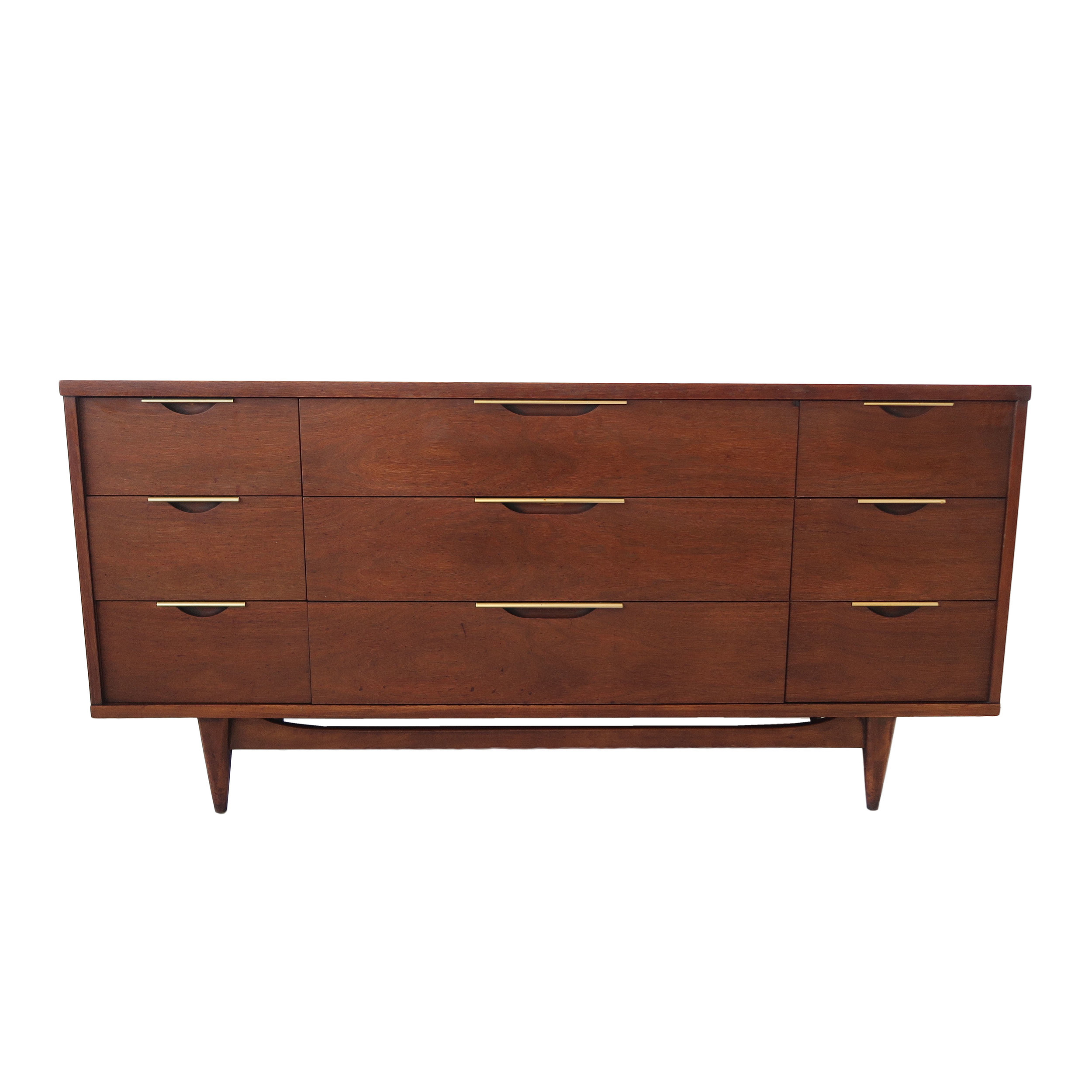 vintage mid century modern 9 drawer dresser with brass hardware.jpg