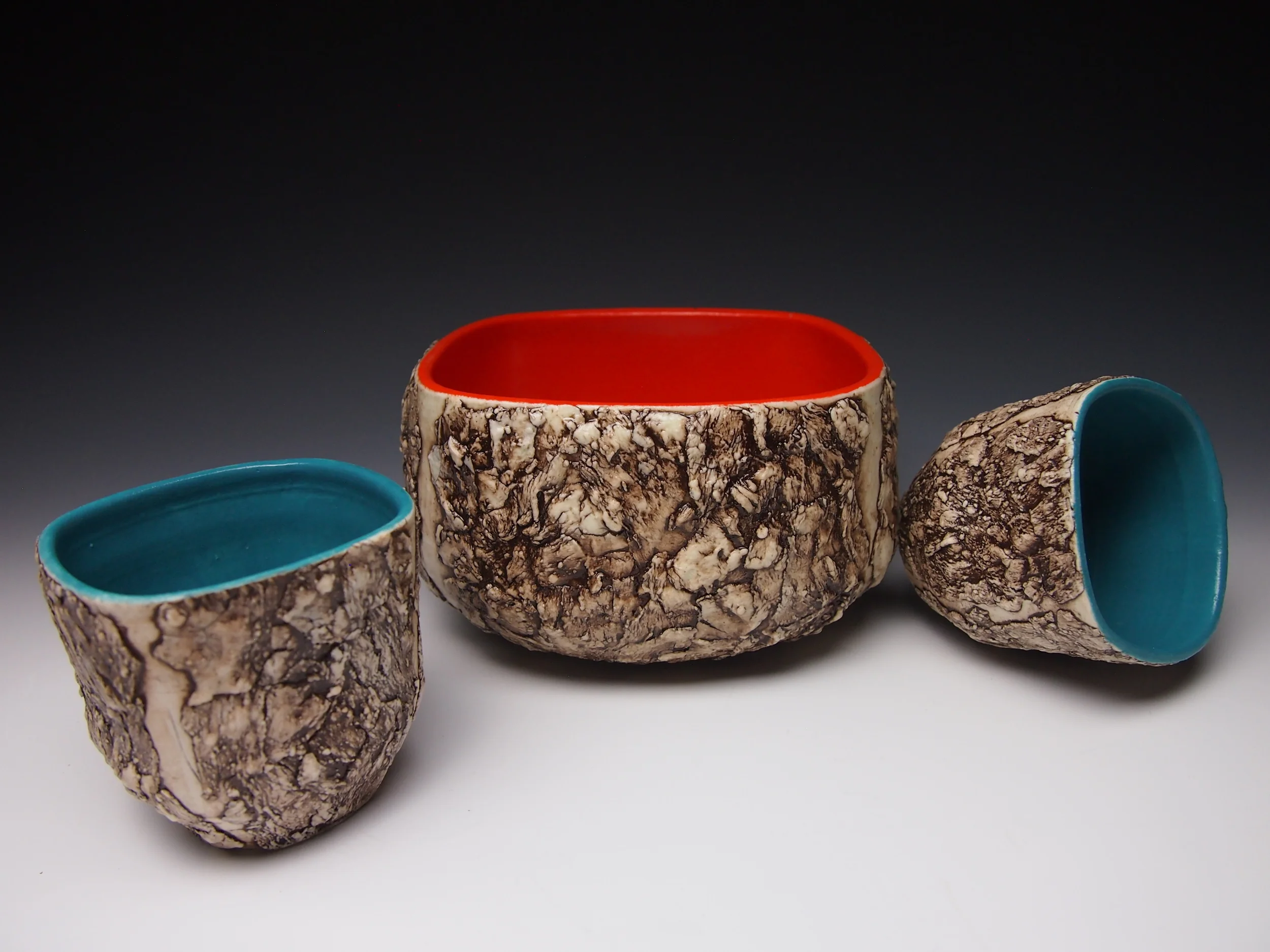 Orange Bark Bowl and Turquoise bark cups