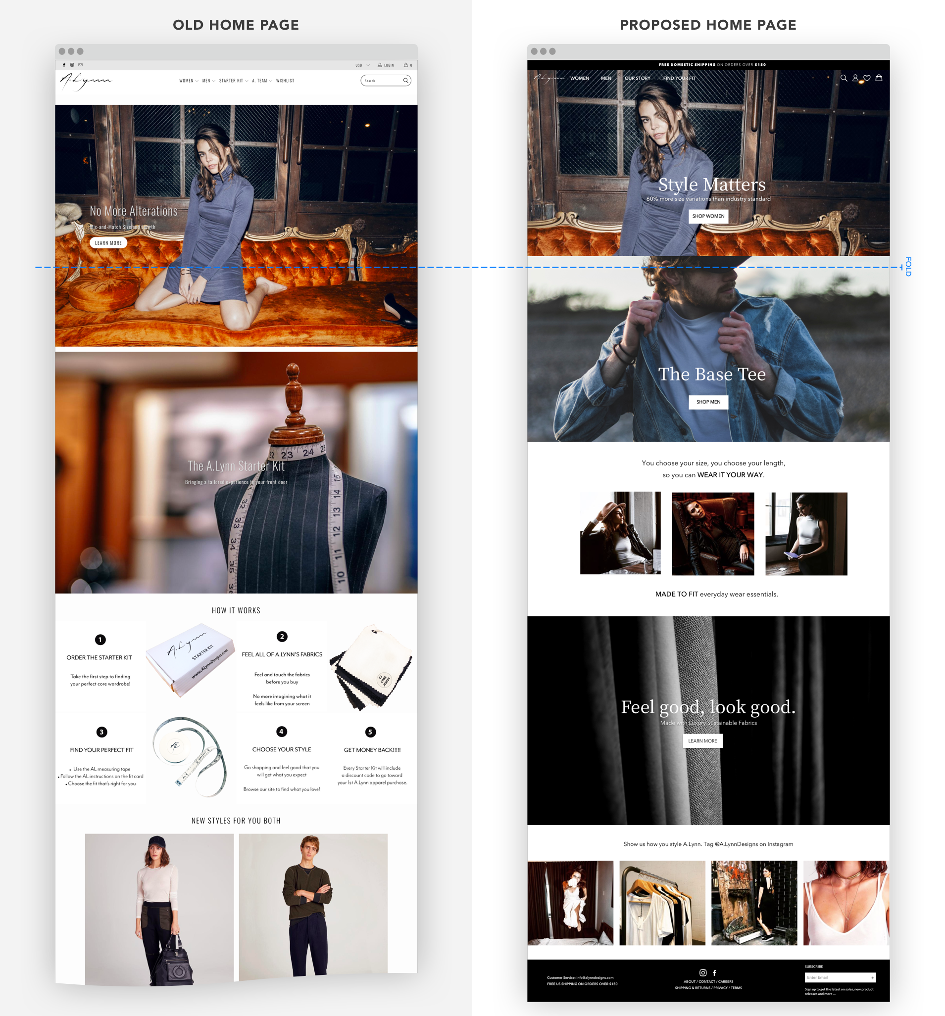 Left: A Lynn’s Home page | Right: Proposed Home page redesign