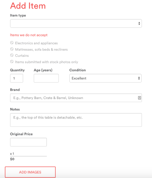 Item uploading window from moveloot.com